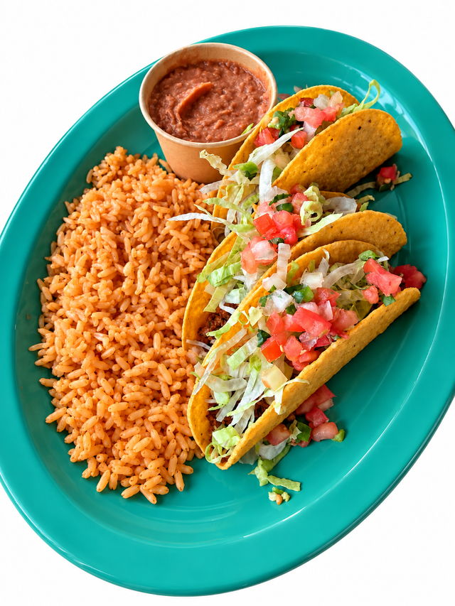 3 Taco Plate, Rice and Beans.