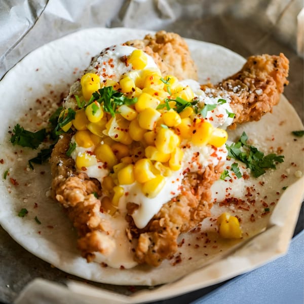 Crush Taco's fried chicken taco with corn, white sauce, and cilantro on a soft tortilla.