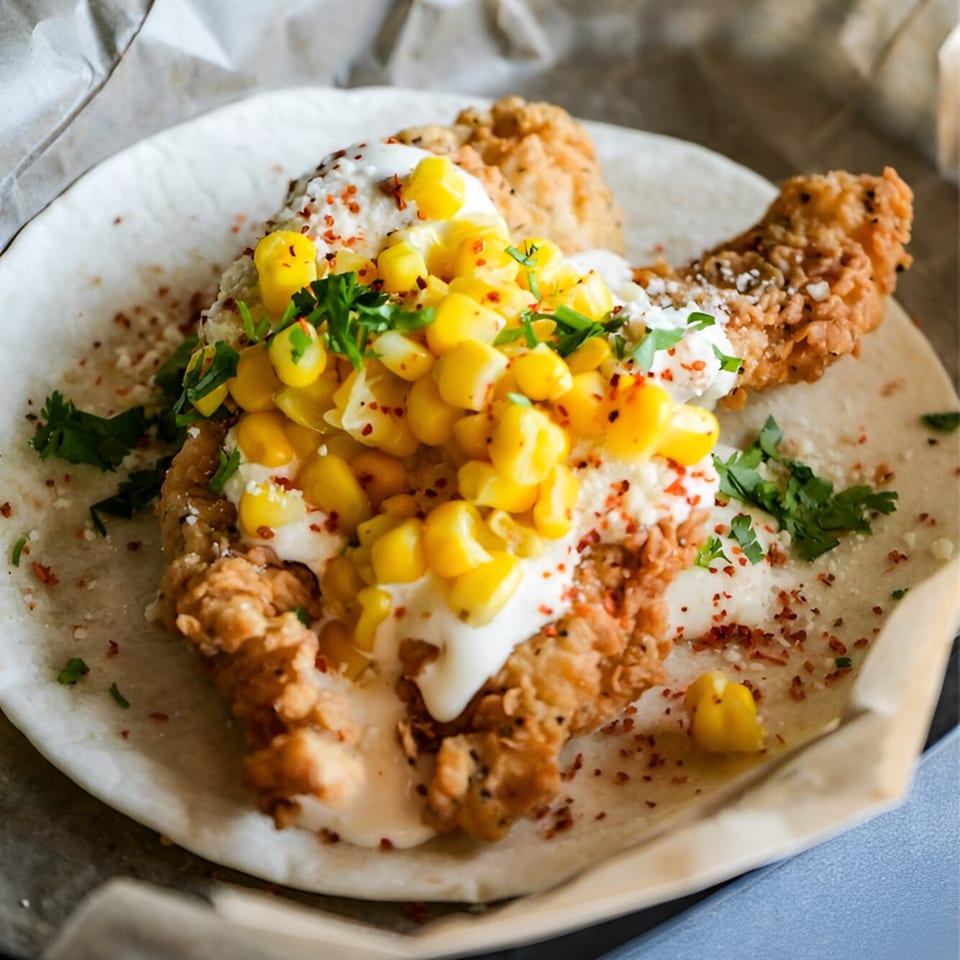 Crush Taco's fried chicken taco with corn, white sauce, and cilantro on a soft tortilla.