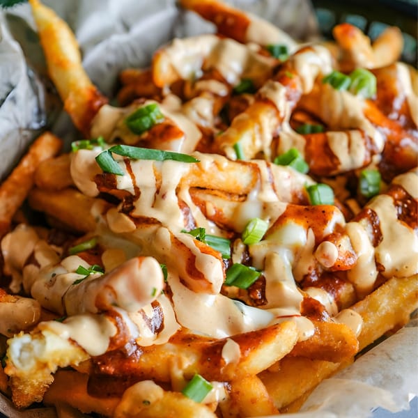 Close-up of golden french fries drizzled with creamy sauce and garnished with chopped green onions.