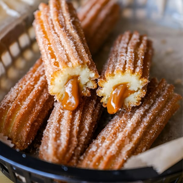 Sugar-dusted churros filled with dulce de leche, served in a black basket at Crush Taco.
